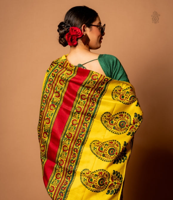 Handwoven Pure Mulberry Bengal Silk Saree Yellow - Red