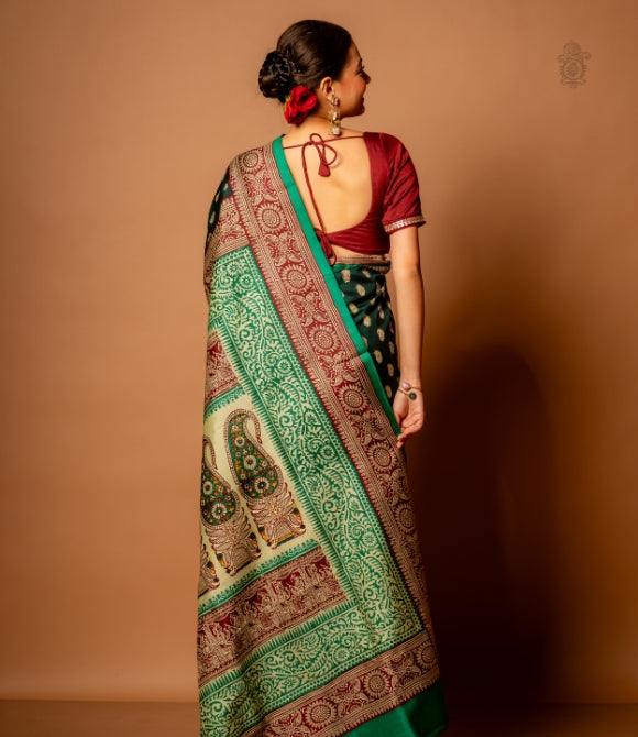 Handwoven Pure Mulberry Bengal Silk Saree Deep Green