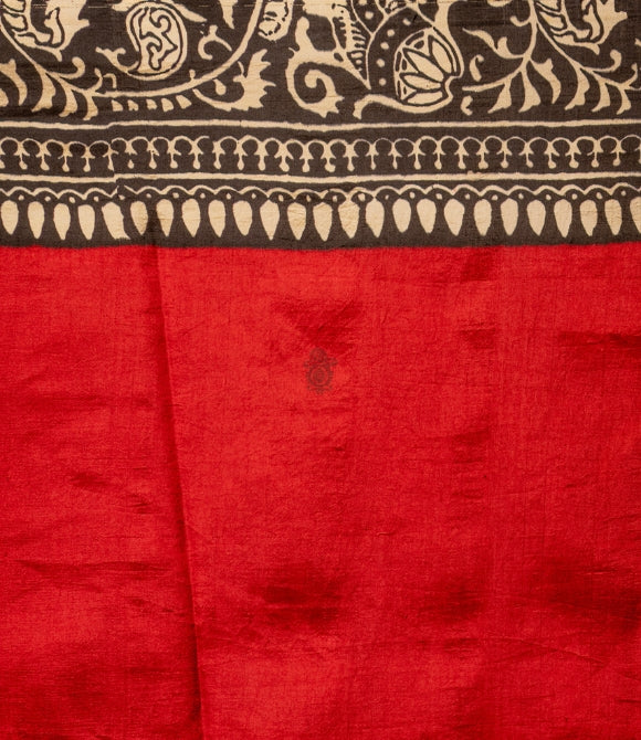 Handwoven Pure Mulberry Bengal Silk Saree Red - Black