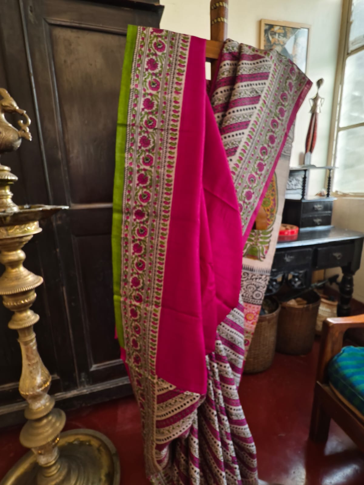 Pure Gachhi Bengal Tussar Saree Pink and Green
