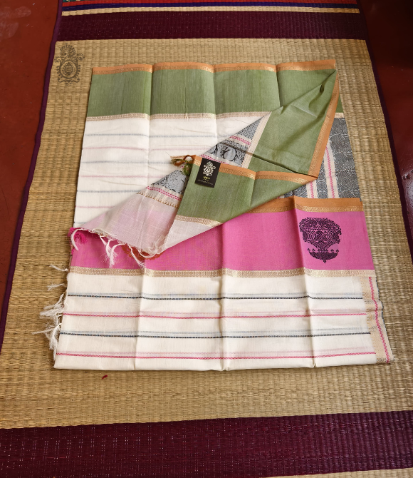 Handwoven Pure Cotton Kanchipuram Saree White and Red-Black