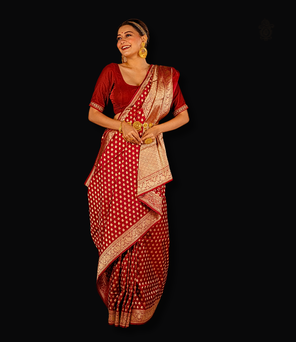 Handwoven Pure Benarasi Cutwork Saree Deep Red