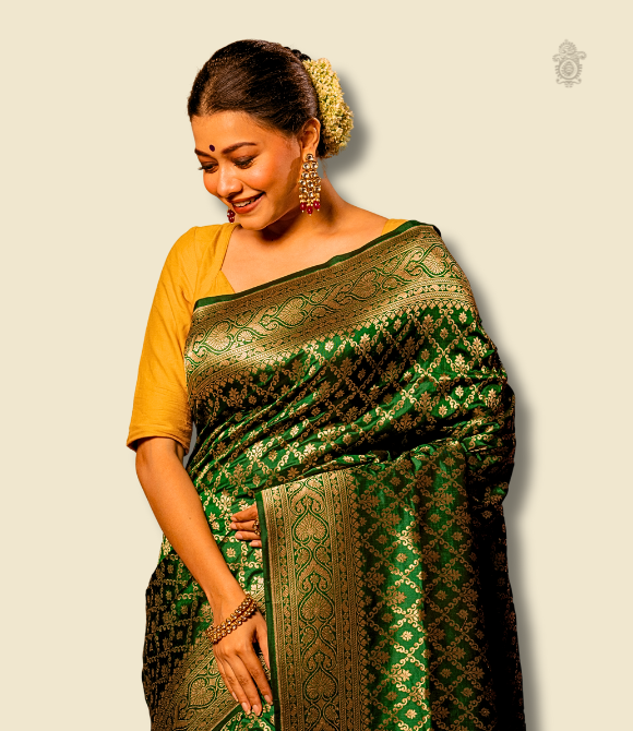 Handwoven Pure Benarasi Katan Silk Saree Deep Green | Kalakriti by Paroma