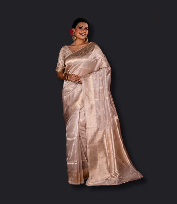 Handwoven Pure Katan Silk Tissue Brocade Benarasi Saree Silver