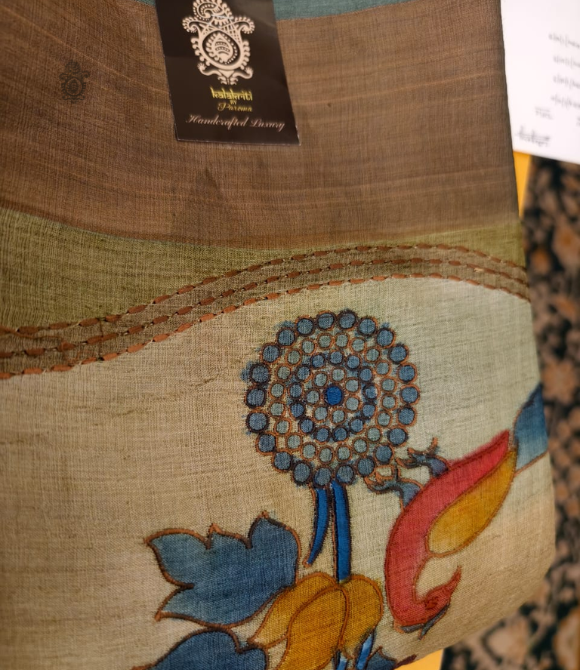 Pure Zari Tussar Hand Embroidery Saree Sage Green