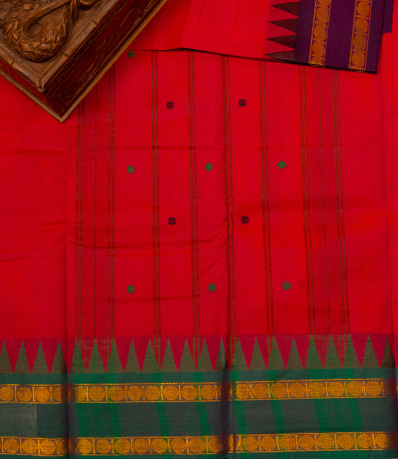 Chettinad Handloom Cotton Saree Red Ganga Jamuna Border