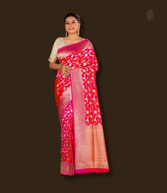 Handwoven Pure Bridal Benarasi Cutwork Saree Gajri Pink