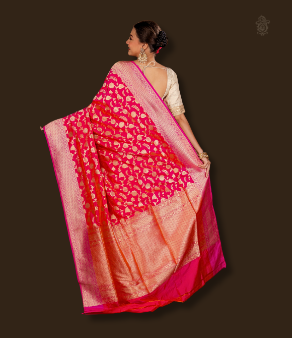 Handwoven Pure Bridal Benarasi Cutwork Saree Gajri Pink