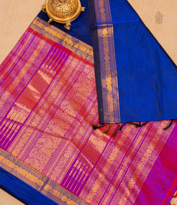 Handwoven Korvai Silk Cotton Handloom Saree - Muvagam Magenta