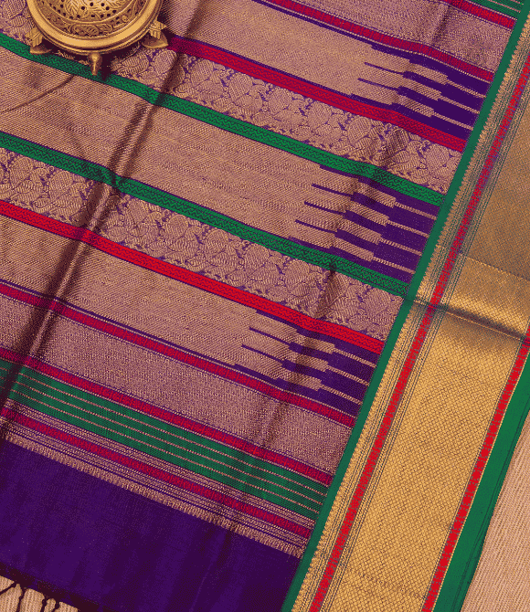 Handwoven Korvai Silk Cotton Handloom Saree - Purple Zari Kattam