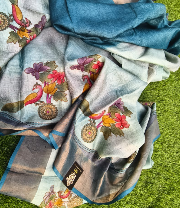 Pure Zari Tussar Hand Embroidery Saree Greyish Blue
