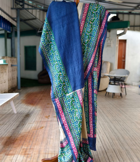 Pure Gachhi Bengal Tussar Saree White Multicolour