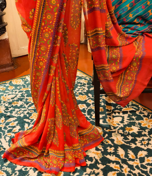 Hand Block Print Chiffon Saree – Rust Orange Multicolour