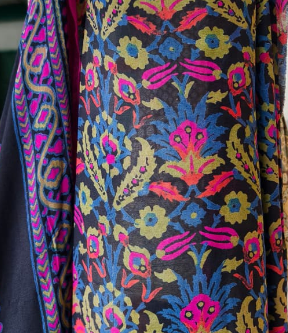 Hand Block Printed Pure Chinon Silk Saree Black Multicolour