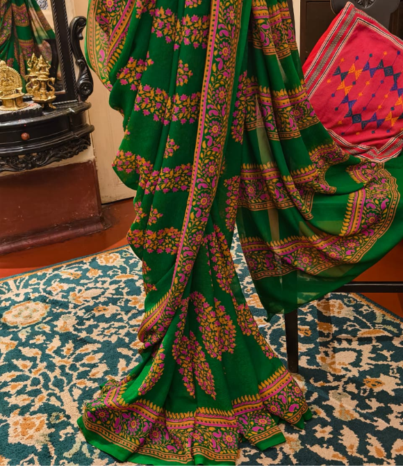 Hand Block Print Chiffon Saree – Deep Emerald Green Multicolour