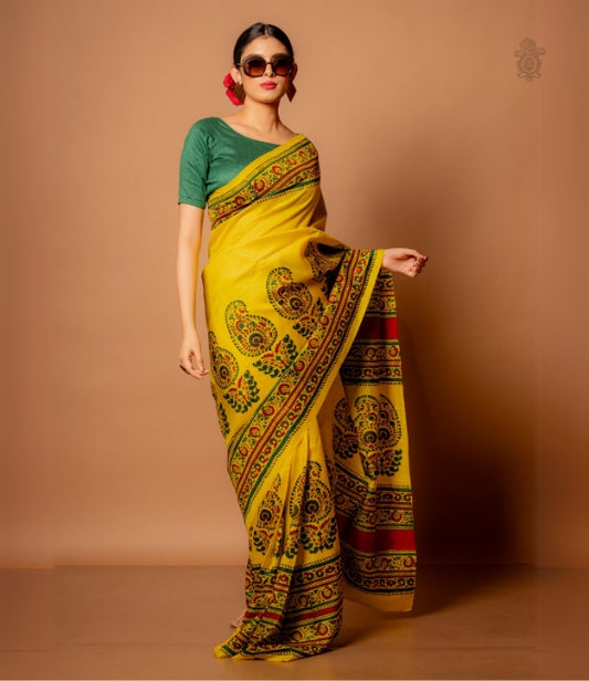 Handwoven Pure Mulberry Bengal Silk Saree Yellow - Red