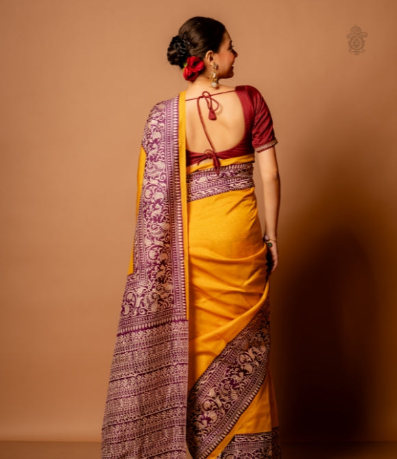Handwoven Pure Mulberry Bengal Silk Saree Yellow