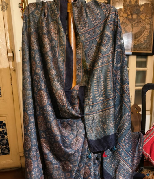 Tussar Ajrakh Saree Indigo