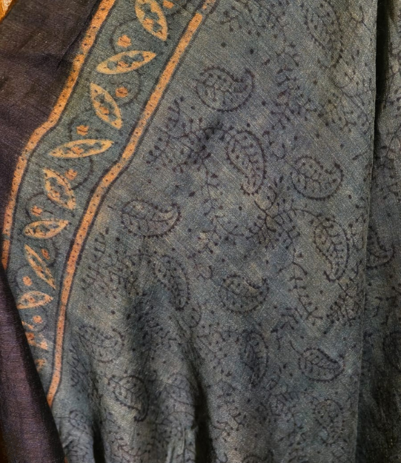 Tussar Ajrakh Saree Indigo
