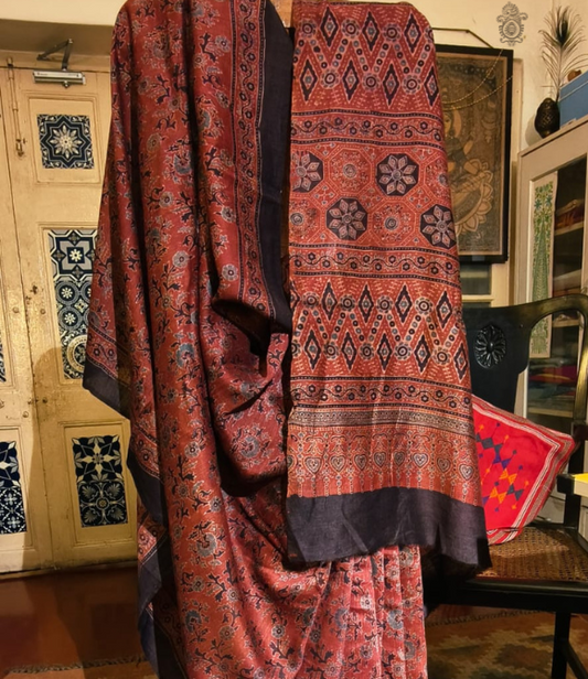 Tussar Ajrakh Saree Rust Red