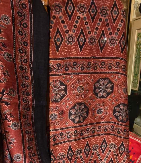 Tussar Ajrakh Saree Rust Red
