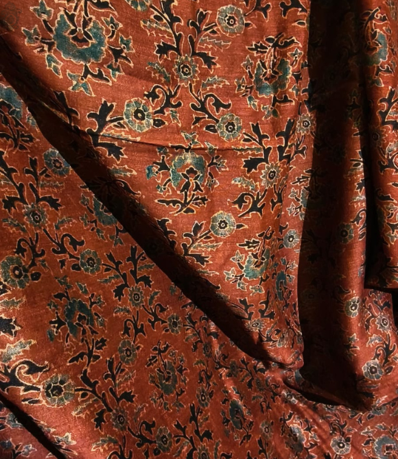 Tussar Ajrakh Saree Rust Red