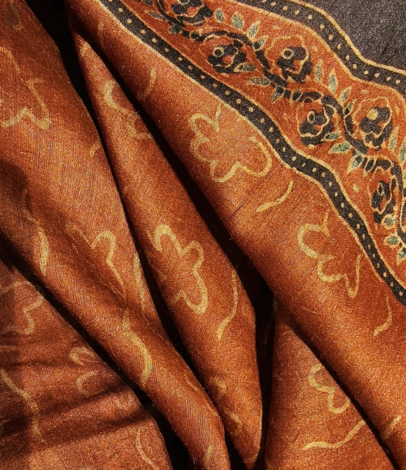 Tussar Ajrakh Saree Rust Red