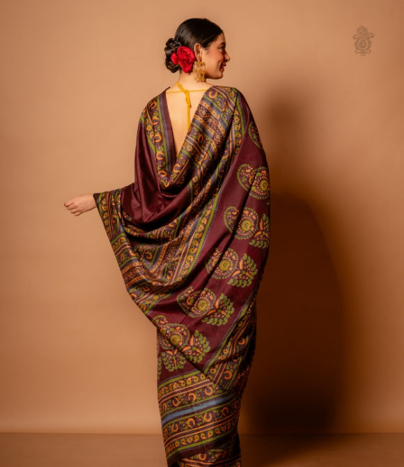 Handwoven Pure Mulberry Bengal Silk Saree Dark Brown