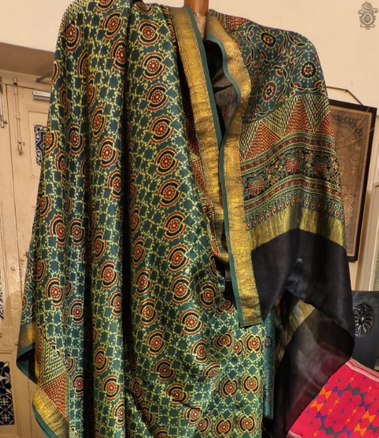 Maheshwari Silk Cotton Ajrakh Deep Green