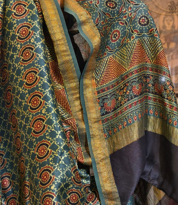Maheshwari Silk Cotton Ajrakh Deep Green