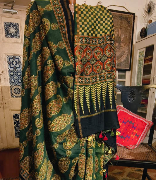 Maheshwari Silk Cotton Ajrakh Deep Green