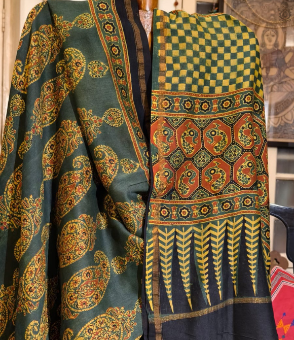 Maheshwari Silk Cotton Ajrakh Deep Green