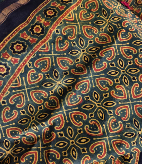 Maheshwari Silk Cotton Ajrakh Deep Green