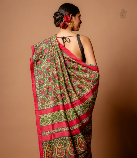 Handwoven Pure Mulberry Bengal Silk Saree Grey - Pink - Green - Multi