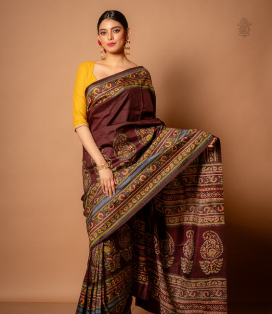 Handwoven Pure Mulberry Bengal Silk Saree Dark Brown