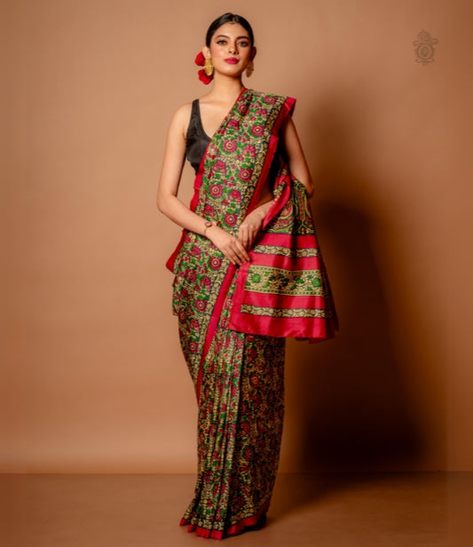 Handwoven Pure Mulberry Bengal Silk Saree Grey - Pink - Green - Multi