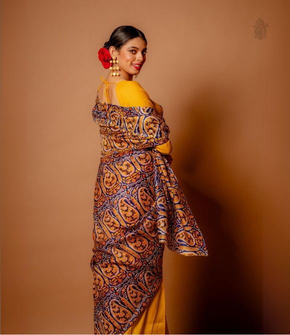 Handwoven Pure Mulberry Bengal Silk Half & Half Yellow Multicolour