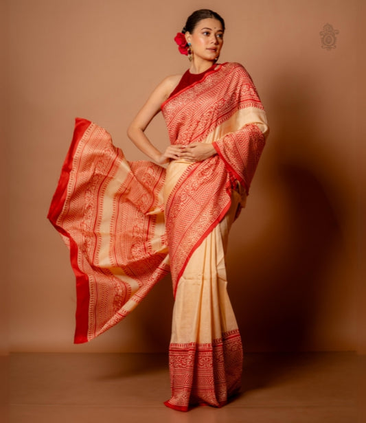 Handwoven Pure Mulberry Bengal Silk Saree Off-White - Red