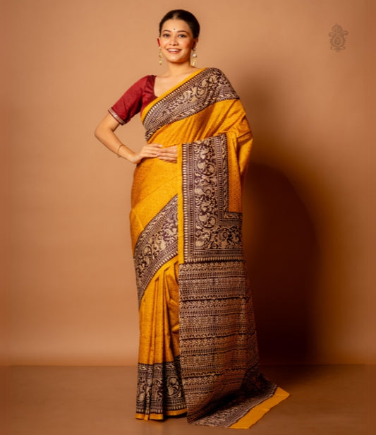 Handwoven Pure Mulberry Bengal Silk Saree Yellow