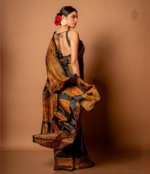 Handwoven Pure Mulberry Bengal Silk Saree Black Multicolour
