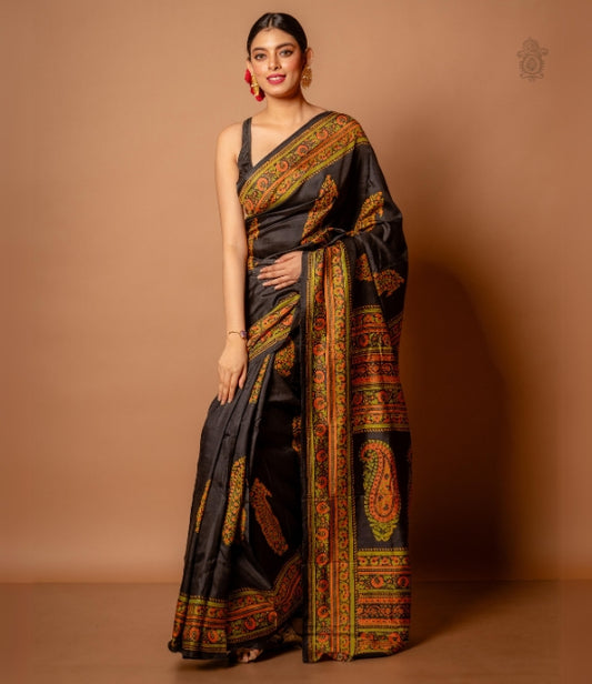 Handwoven Pure Mulberry Bengal Silk Saree Black Multicolour