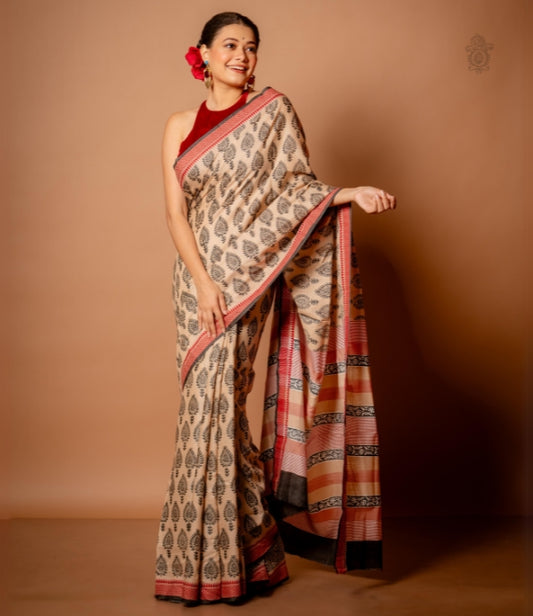 Handwoven Vidarbha Tussar Cotton Blend Saree Black - Red