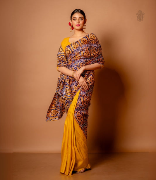 Handwoven Pure Mulberry Bengal Silk Half & Half Yellow Multicolour
