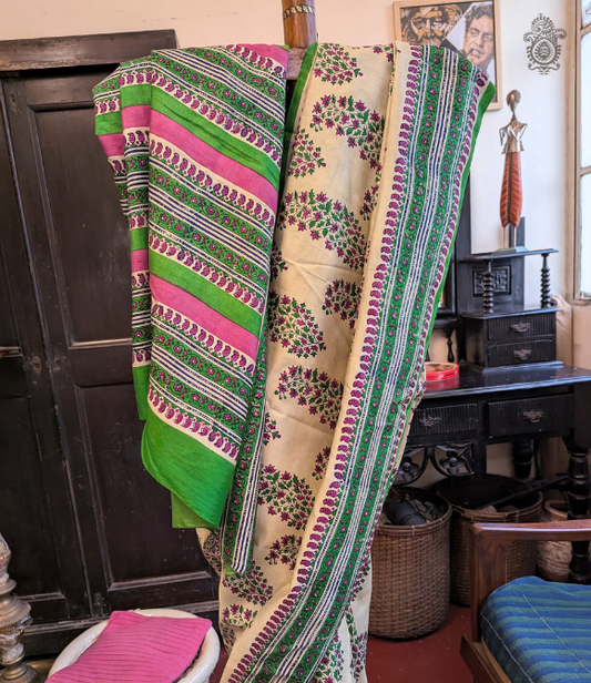 Handwoven Pure Mulberry Bengal Silk Lotus Pink/Green