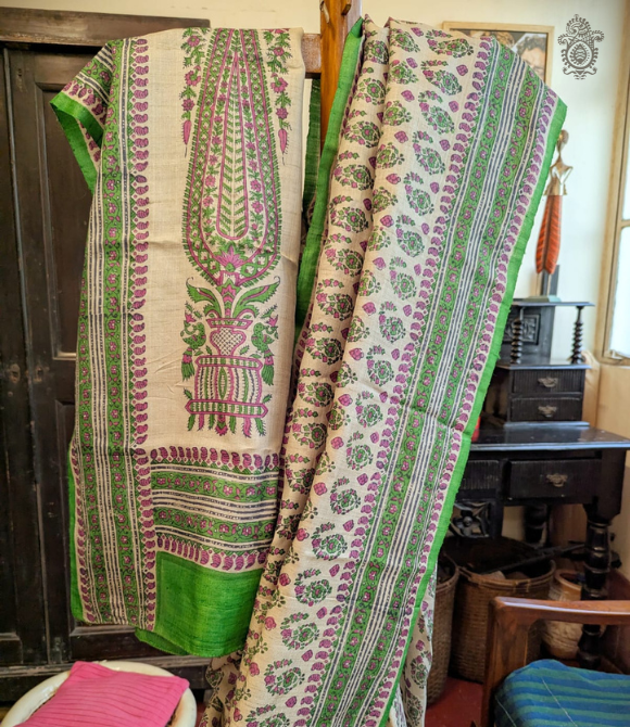 Pure Gachhi Bengal Tussar Saree Light Green/Pink