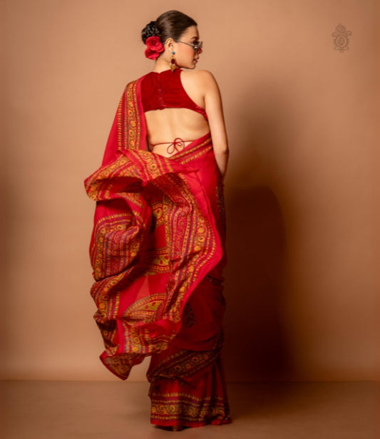 Handwoven Pure Silk Chinnon Saree Red - Multicolour