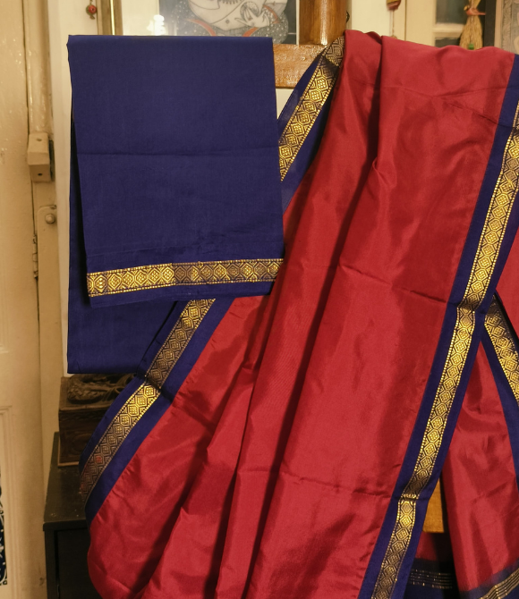 Handwoven Soft Silk Kanjivaram Saree Maroon and Navy