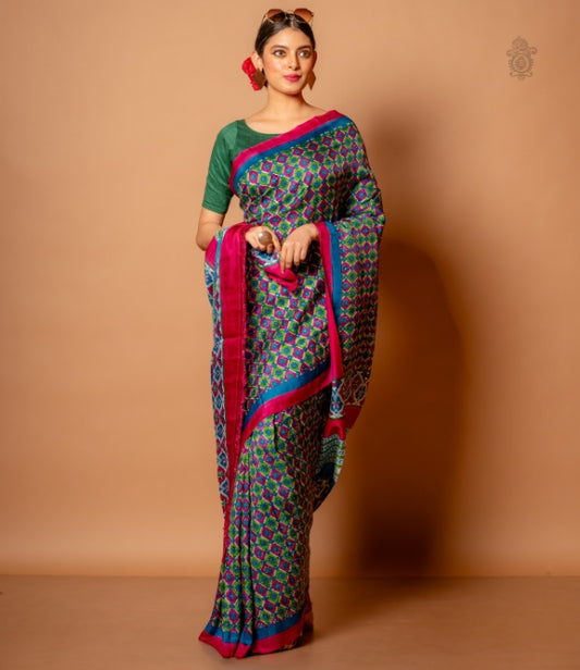 Handwoven Pure Mulberry Bengal Silk Saree Blue Multicolour