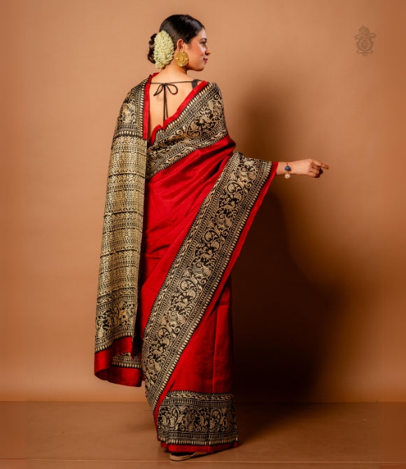 Handwoven Pure Mulberry Bengal Silk Saree Red - Black