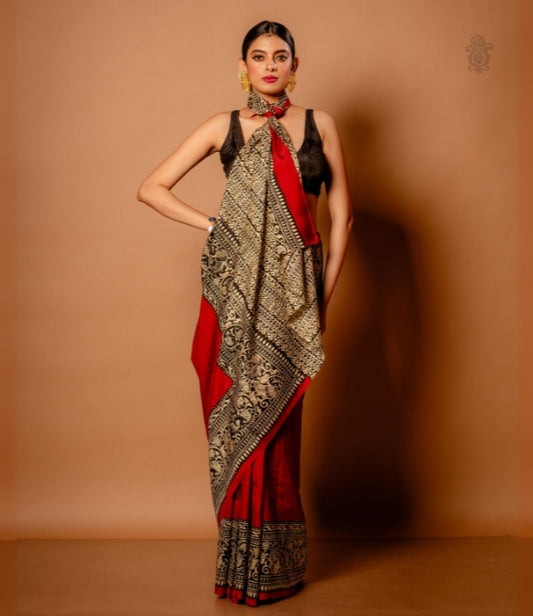 Handwoven Pure Mulberry Bengal Silk Saree Red - Black